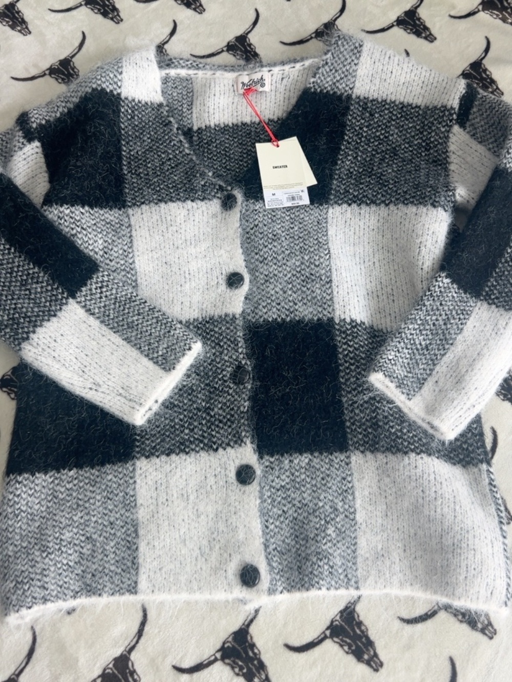NWT Woolrich Buffalo Plaid Fuzzy Cardigan Sweater Black Gray M
